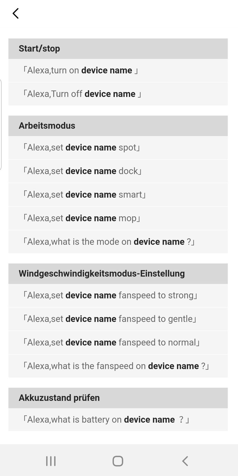 Die Befehle für die Sprachsteuerung des Proscenic M8 PRO werden übersichtlich angezeigt.